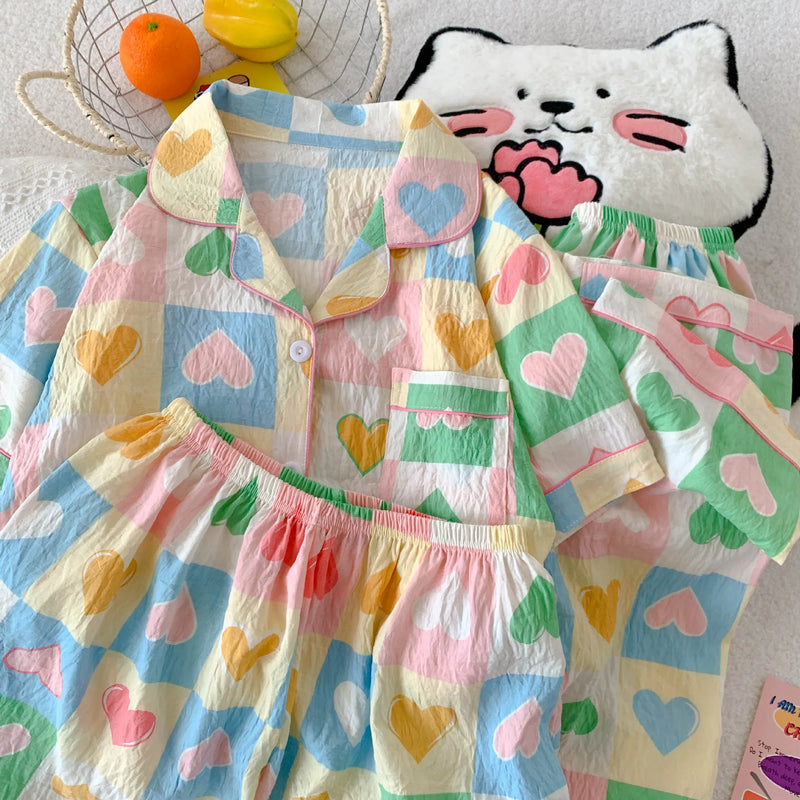 Cartoon Hello Kitty Summer Cardigan Lapel Women's Pajama Set Cloud Cotton Cute Printed Casual Loungewear Three-piece Set