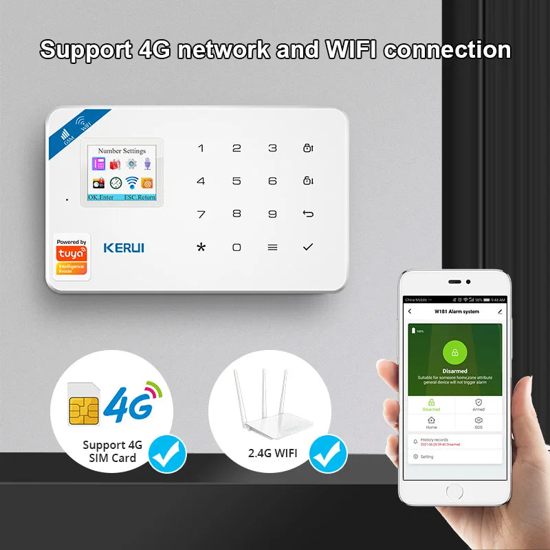 KERUI W184 4G WIFI GSM Alarm Security Alarm System Kit Wireless Home Tuya Smart APP Control Motion Sensor Burglar Support Alexa