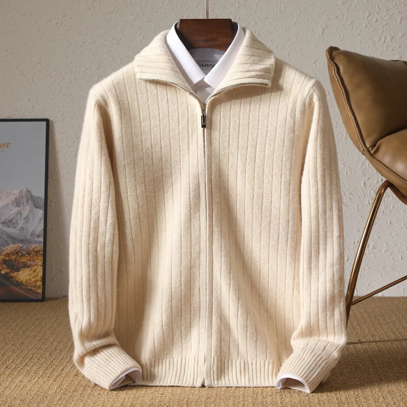 Men 100% Merino Wool Stand-Up Collar Cardigan Casual Knit Business Zipper Coat Autumn Winter Versatile Warm Men Cashmere Jacket