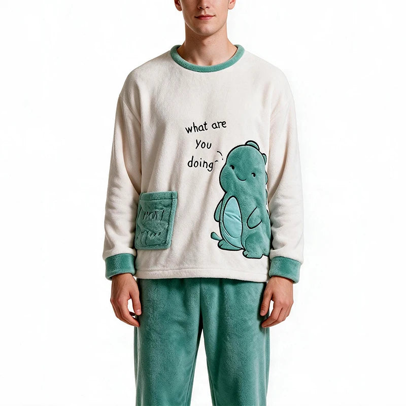 Autumn and Winter Men's Pajamas Simple Casua Homewear Sleepwear Warm Coral Fleece Nightwear Plus Size Dinosaur and Bear Pattern