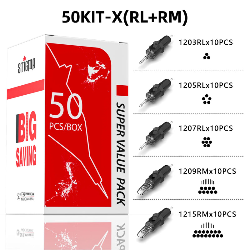 STIGMA 50PCS Mixed Professional Tattoo Cartridge Needles with Membrane Safety Cartridges Disposable Tattoo Needle