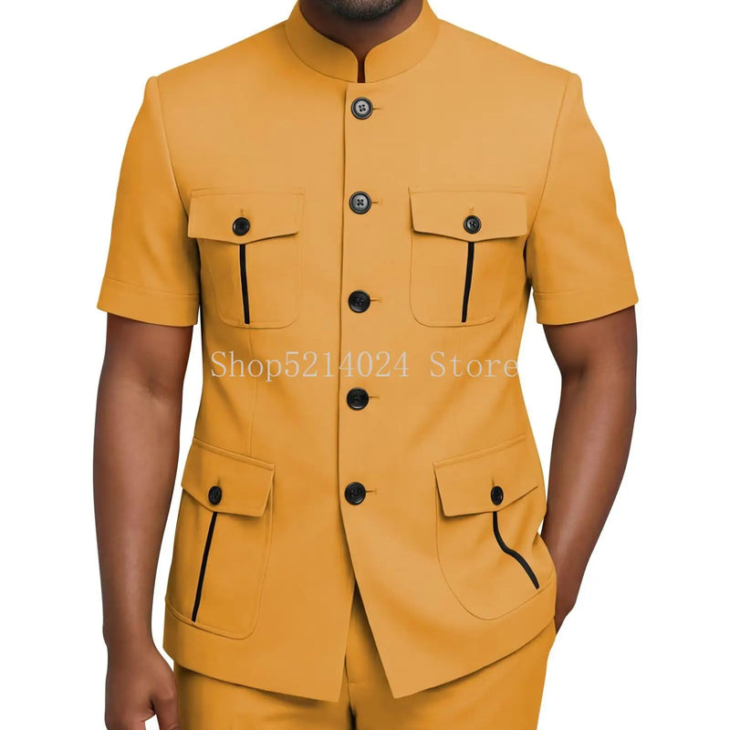 Mens Safari Suit 2 Piece Short Sleeve Suits for Men Regular Fit Stand Collar Suit African Clothes