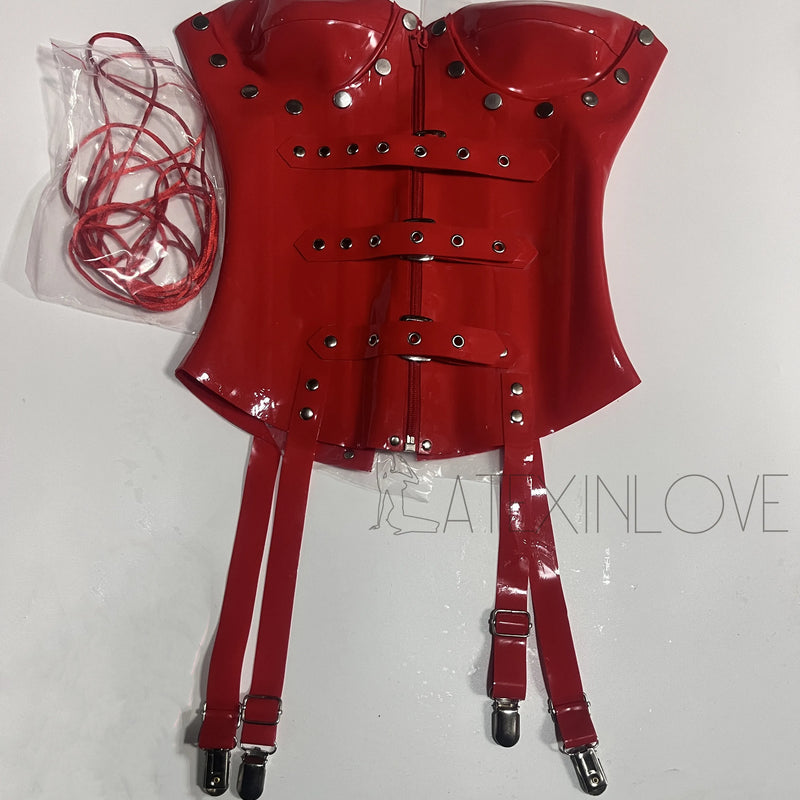 Sexy Red 0.8mm Thicker Latex Corset Bustier Body Shape Detachable Breast Cup with Front Zip Back Lace