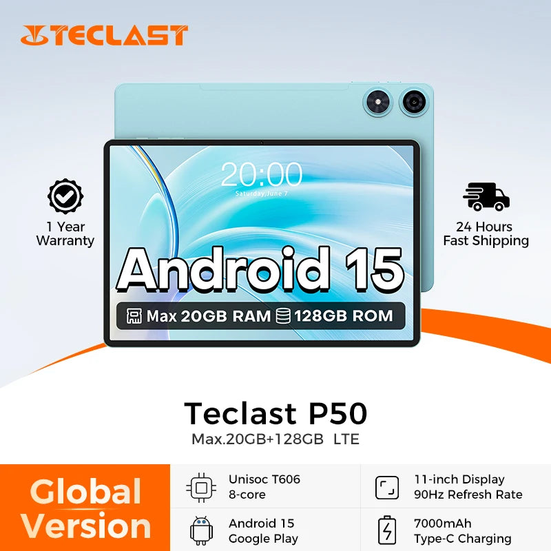 Teclast P50 Tablet 11" 90Hz Max.20GB RAM 128GB ROM Unisoc T606 Octa Cores 7000mAh Battery Android 15 Tablets LTE(4G)