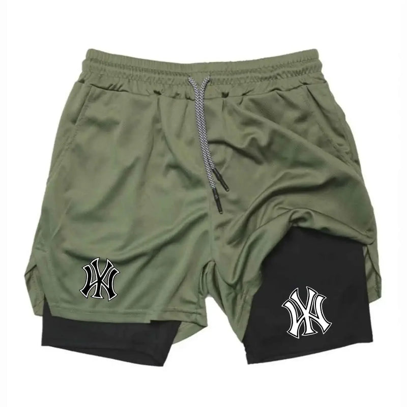 Men's tight fitting sports shorts, printed sports shorts, double-layer 2-in-1 quick drying basketball muscle fitness shorts