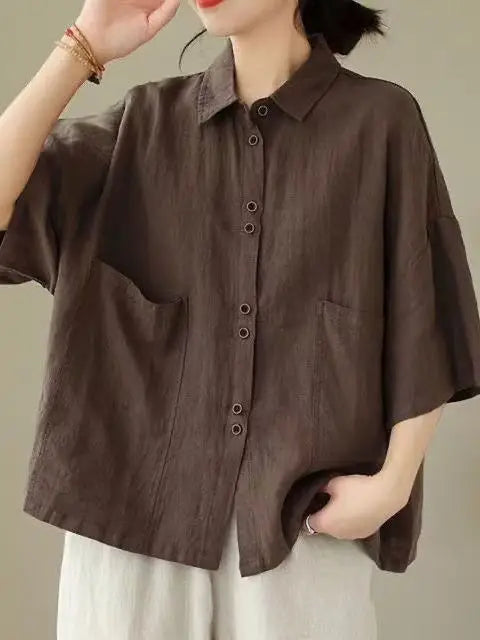 Retro Cotton Linen ort Sve Women's irt Summer New Loose Casual  Collar Top Faion Korean Sle Thin Material