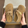 Women Lady Suede Flat Clogs Mules Slides with Gold Buckle Closed Toe Slip on Shoes Casual Fashion Footwear Slippers Shoes Woman