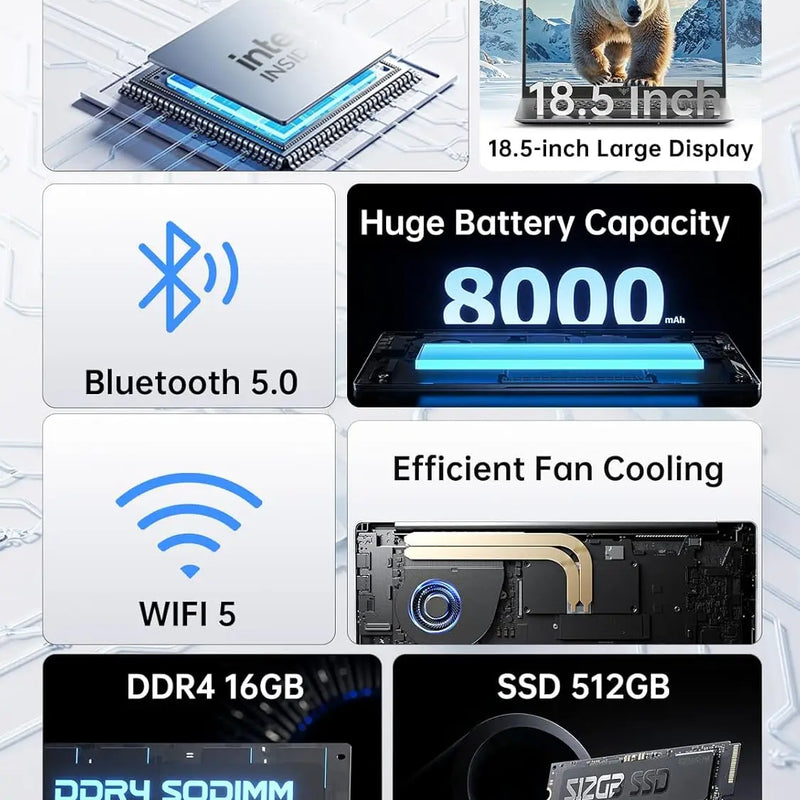 KAMRUI 18.5"Laptop Computer Intel N150/AMD R3 4300U 16GB DDR4 512GB M.2 SSD Windows11 PRO 8000mAh Battery Wifi5 Desktop Notebook