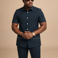 Navy Blue Striped Men Suits Chic Stand Collar Short Sleeves Wear Single Breasted Office Business Casual Male Suit 2 Piece