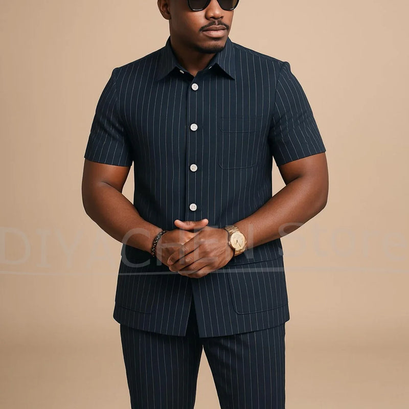 Navy Blue Striped Men Suits Chic Stand Collar Short Sleeves Wear Single Breasted Office Business Casual Male Suit 2 Piece