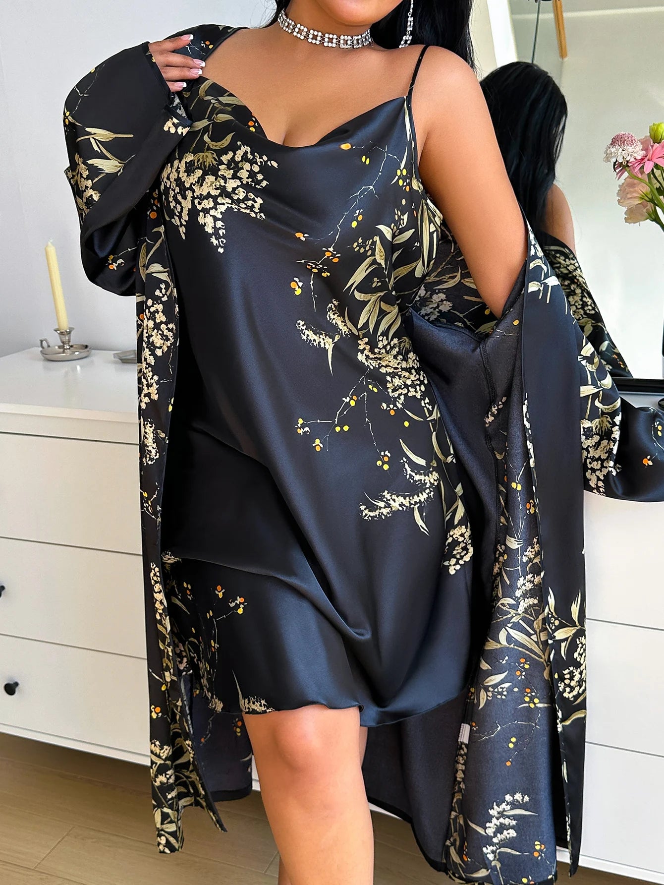 Plus Size Cherry Floral Print Women Pajama Set Sexy Slip | SAMAG