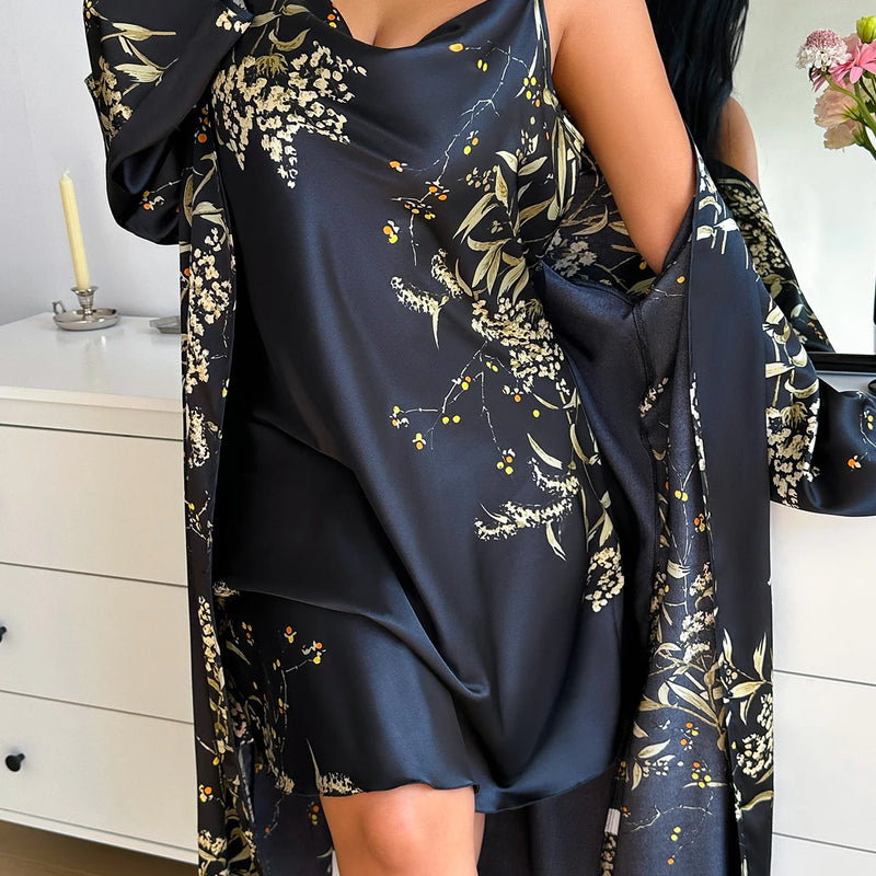 Plus Size Cherry Floral Print Women Pajama Set Sexy Slip | SAMAG