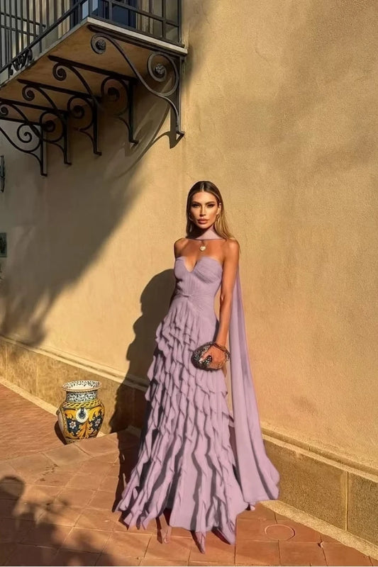 Halter Long Train Evening Gown Sweetheart Multi Layer | SAMAG