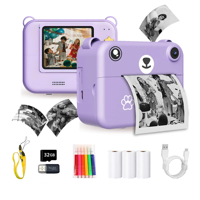 Digital Camera For Kids Instant Print Portable Small Camera With 32G Memory Card And 3 Rolls Printing Paper, Gift For Boys&Girls