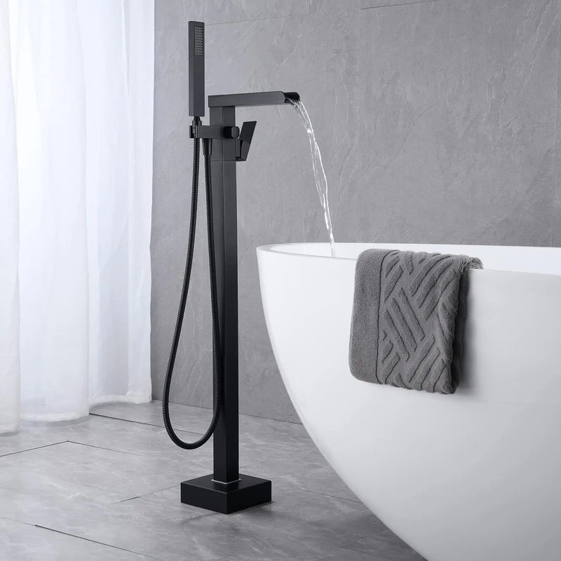 KEMAIDI Freestanding Bathtub Faucet Tub Filler High Flow Waterfall Bath Filler Brushed Gold Tub Faucets with Hand Shower Tap