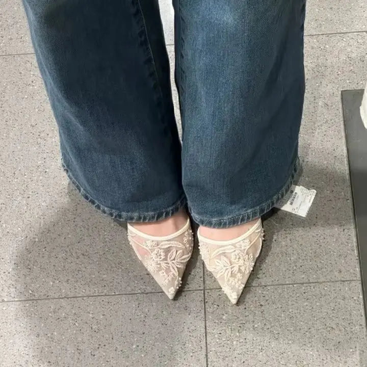 2026 Spring/Summer New Women's Shoes Champagne Chinese Embroidery Mesh Pearl Pointed High Heels Thin Heels Baotou