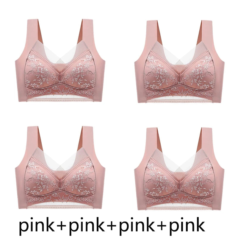FallSweet 4PCS Plus Size Ice Silk Bra for Women Seamless Push Up Bralette Wireless Lace Brassiere Summer Underwear Lingerie Tops