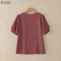 ZANZEA Elegant Solid Color Woman Blouses Lace Up O - Neck - View 3 | SAMAG
