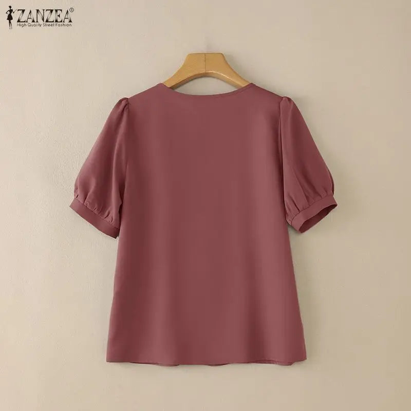 ZANZEA Elegant Solid Color Woman Blouses Lace Up O - Neck - View 3 | SAMAG