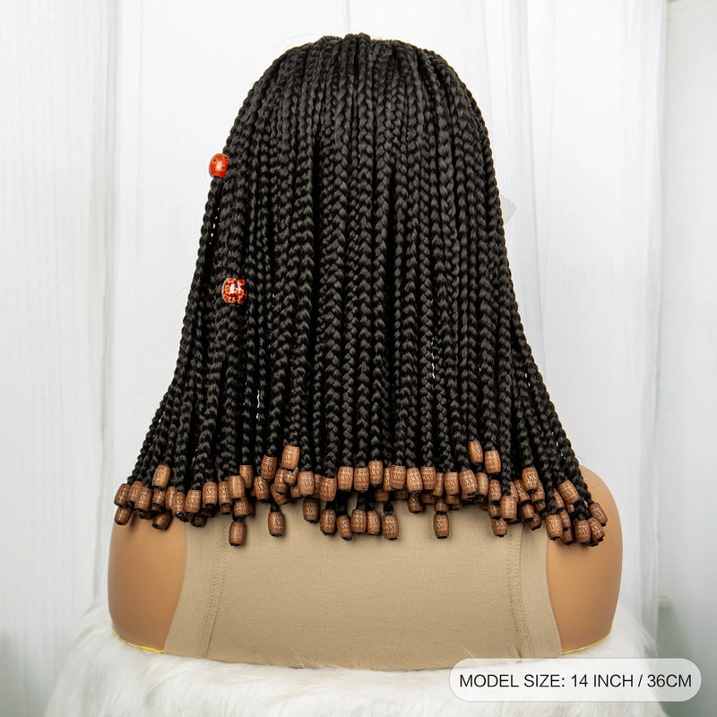 14inch Synthetic Lace Front Bob Braided Wig with Beads Short Box Braided Wigs Knotless Braided Wigs with Baby Hair for Women
