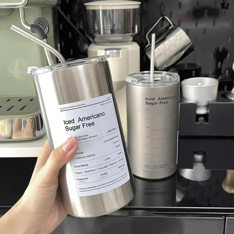 600ml Portable Thermos Cup 304 Stainless Steel Coffee Mug Thermal Leak-proof Water Bottle with Straw Insulated Bottle Drinkware