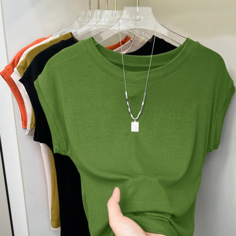 1pcs Women T Shirt Summer Sleeveless Round Neck Breathable Loose Leisure Tops Comfort Lady Basic Tee Solid Female Ice Silk Vests
