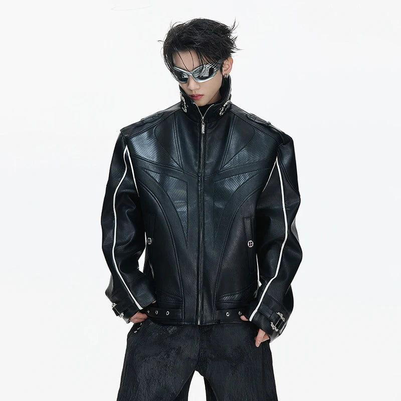 LUZHEN 2026 Stylish Stripe Original Patchwork Design Stand Neck Leather Jacket Men's Trendy High Quality Motorcycles Coat JY6331