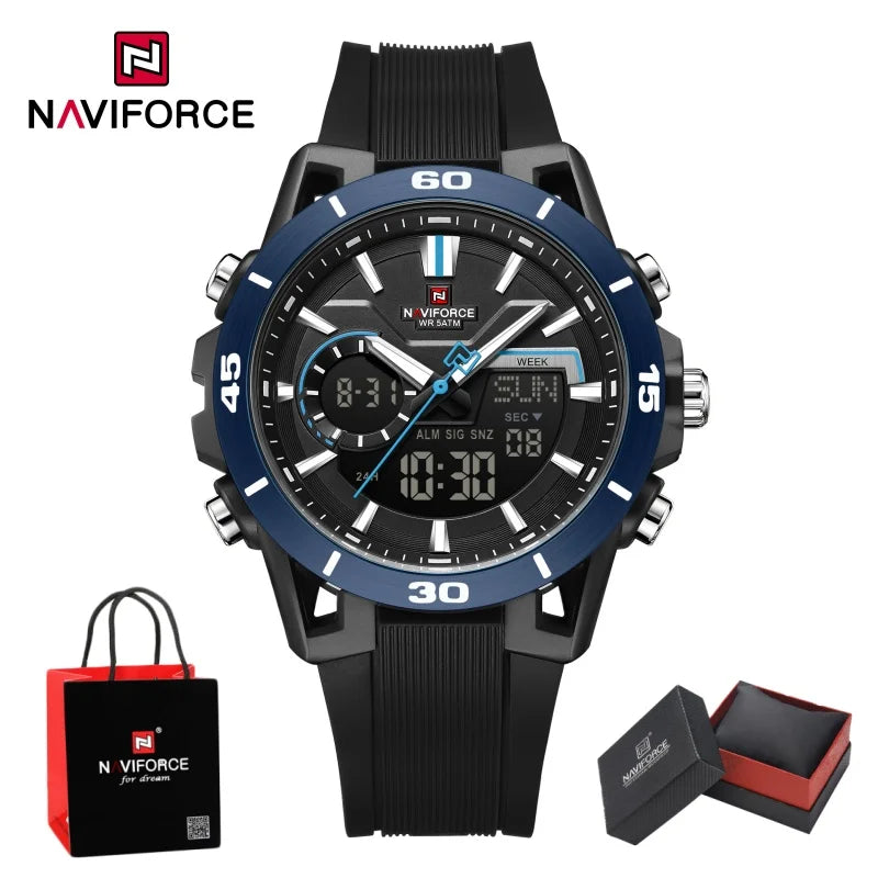 NAVIFORCE Men's Fashion Dual Display Watch 5ATM Waterproof Luminous Soft TPU Strap Male Sports Outdoor Daily Wristwatch Gift Box