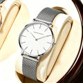 Stainless Steel Mesh Strap Women's Watch 36mm Silver Minimalist Dial Japanese Quartz Movement 6.9mm Slim Clock 3Bar Life Waterproof Local Fast Shipping Hannah Martin Brand Watch