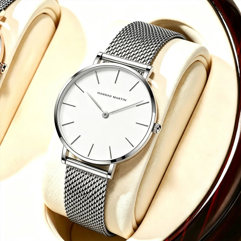Stainless Steel Mesh Strap Women's Watch 36mm Silver Minimalist Dial Japanese Quartz Movement 6.9mm Slim Clock 3Bar Life Waterproof Local Fast Shipping Hannah Martin Brand Watch