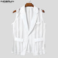 Men Vests Mesh Striped Transparent Sexy Lapel Sleeveless One Button Male Waistcoats Streetwear 2025 Fashion Casual Vests INCERUN