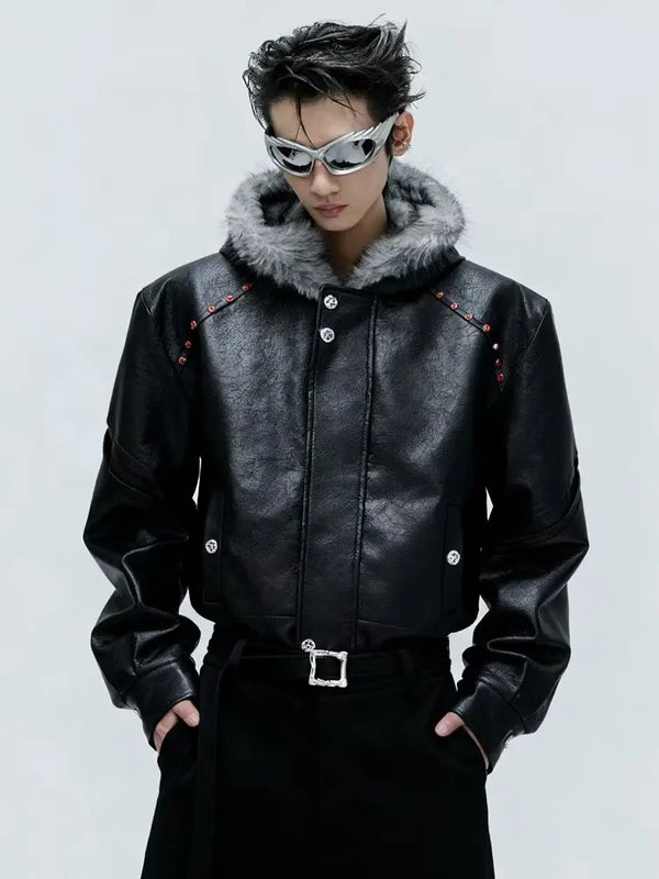 American Style Men's Padded Jackets PU Leather Faux Fur Fleece Thickened Solid Color Loose Male Hooded Warm Coats Tide