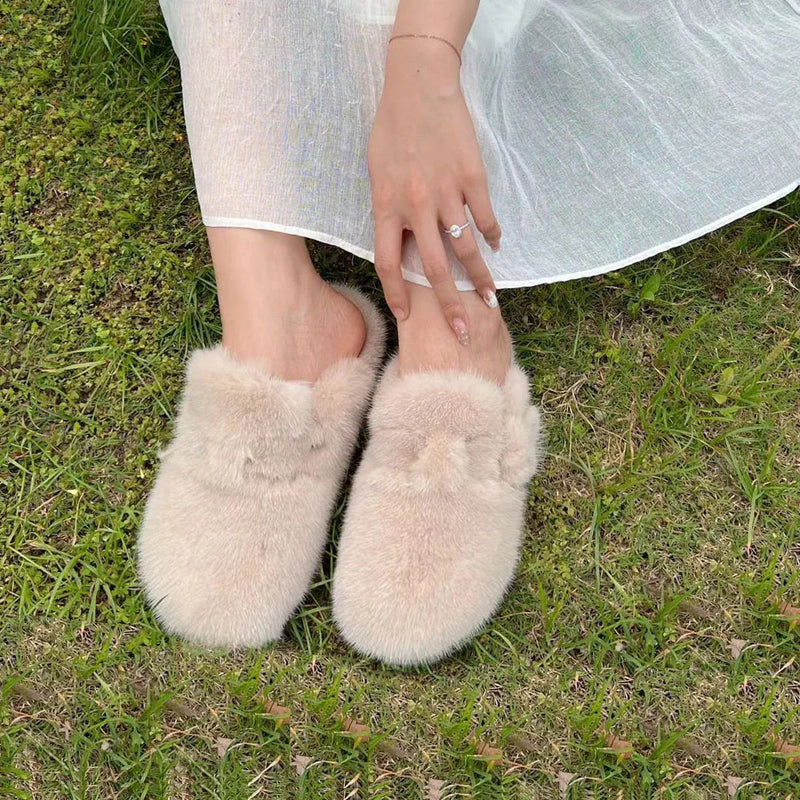Women's Mules and Clogs Fuzzy Mink Fur Slippers with Arch Support Outdoor Women Shoe Closed Toe Nonslip Comwarm Clog Shoes Woman