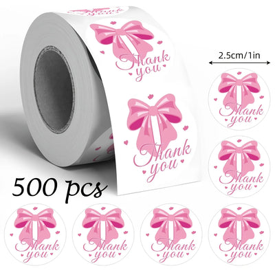 500 Stickers Per Roll Featuring Pink Bow Thank You | SAMAG