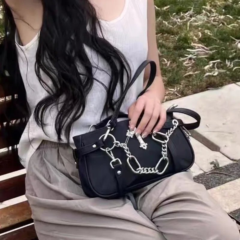 Japanese Vintage Streetwear Punk Women Handbags Y2k Aesthetic Trendy Cross Chain Shoulder Bags Casual Fashion Chic Underarm Bag