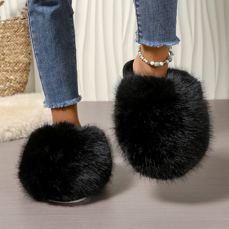 Women Indoor Slippers Winter Faux Fur Home Shoes Women 2025 New Soft Sole Fashion Warm Fluffy Slippers Solid Baotou Slides Women