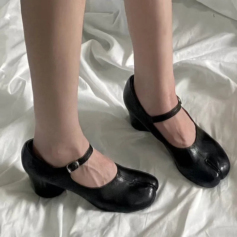 Ballet Style Fashion Split toe Mary Janes Women Pumps Comfortable Soft Leather Thick High heels Spring Summer Tabi Chunky Shoes