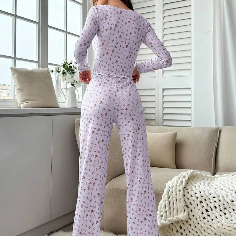 Women Autumn Winter Sleepwear Floral Print Lettuce Trim | SAMAG