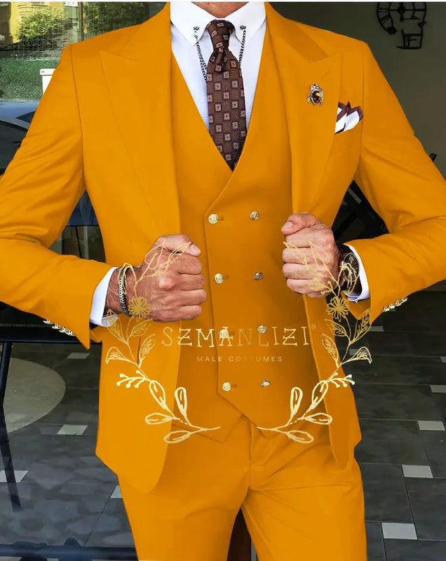 Beige Business Suits For Men Tuxedos Gold Buttons Groom Groomsman Prom Wedding Party Formal 3 Pieces Sets - View 13 | SAMAG