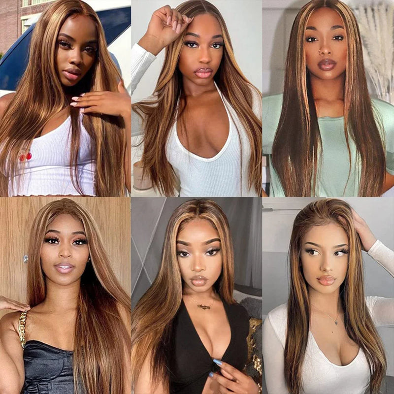 32 Inch Honey Blonde Straight Bundles P4/27 Highlight Straight Human Hair Bundles Brown Colored Brazilian Hair Weave Bundles