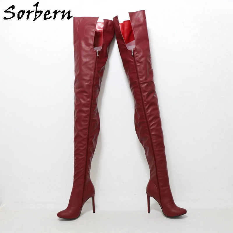 Sorbern 80Cm Crotch /100Cm Shaft Length Boots Women High Heel Wine Red Black Matte Shoes Round Toe Custom Crossdresser Boot