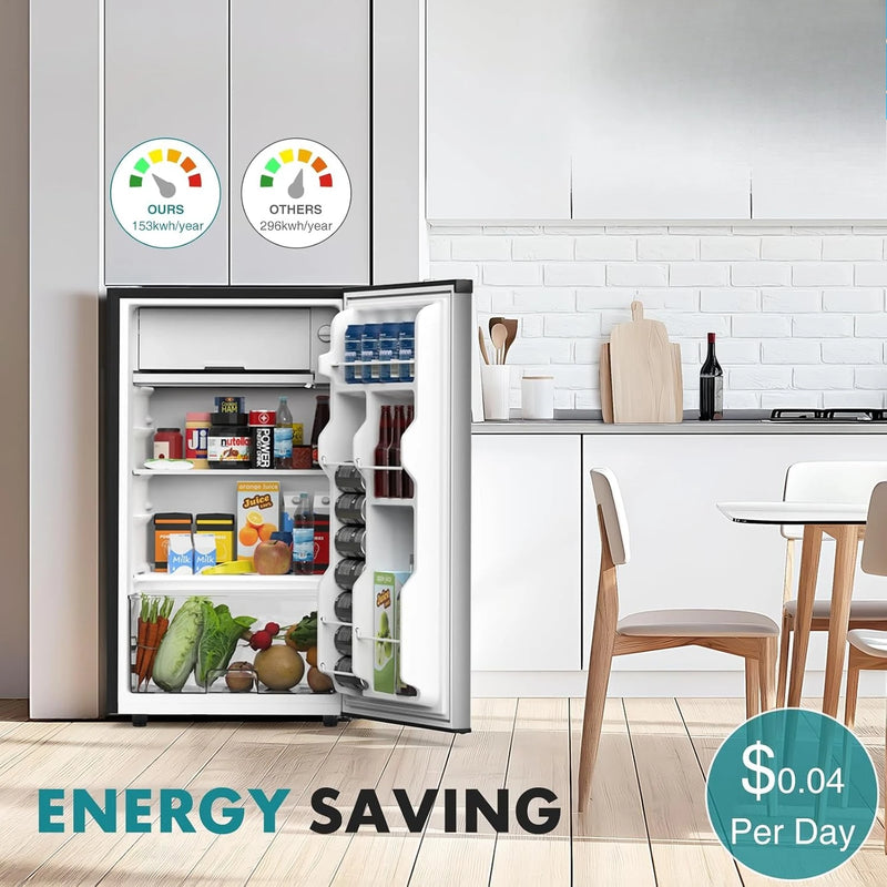 3.2 Cu.Ft Mini Fridge with Freezer, Single Door Compact Refrigerator with Adjustable Thermostat,  Silver