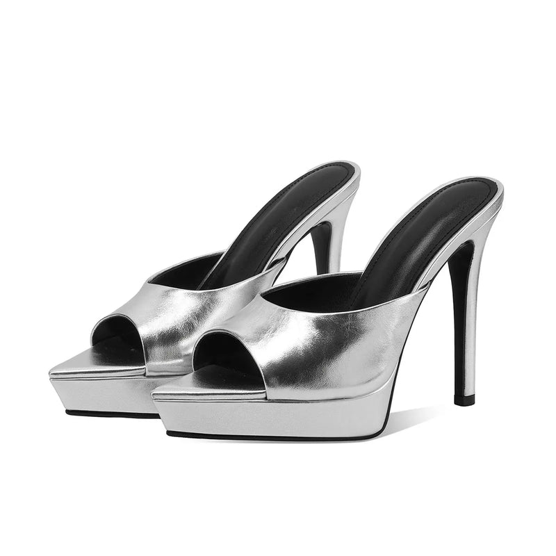 Arden Furtado Women's Patent Leather Pointed Toe Platform Super High Heel Summer Mules Slip On Fashion Slippers