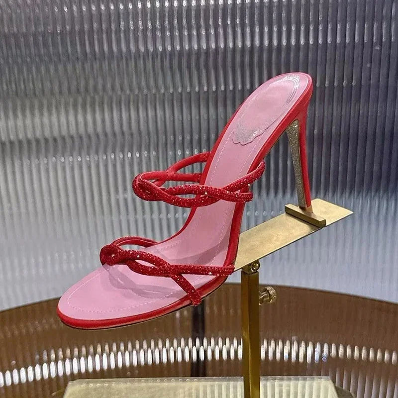 2025 Summer Shining Rhinestone Thin High Heel Slippers Women's Fashion Versatile Roman Sandals Banquet Dress Shoes Lazy Shoes