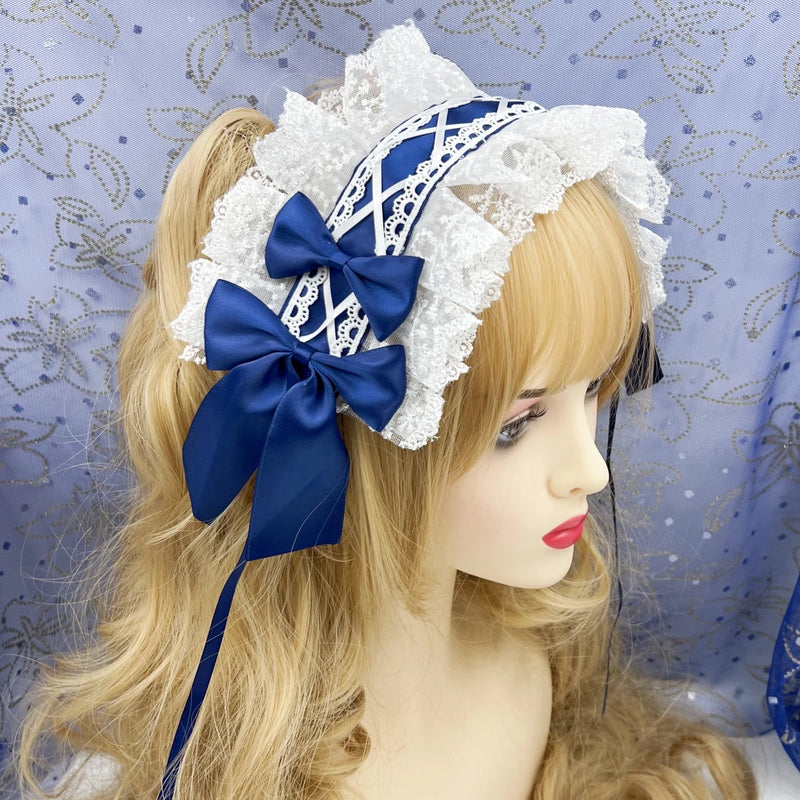 2024 Japanese Lace Bow Ribbon Lolita Headdress Ears on The Head Headband Lolita Maid Anime Cosplay Hair Accessories