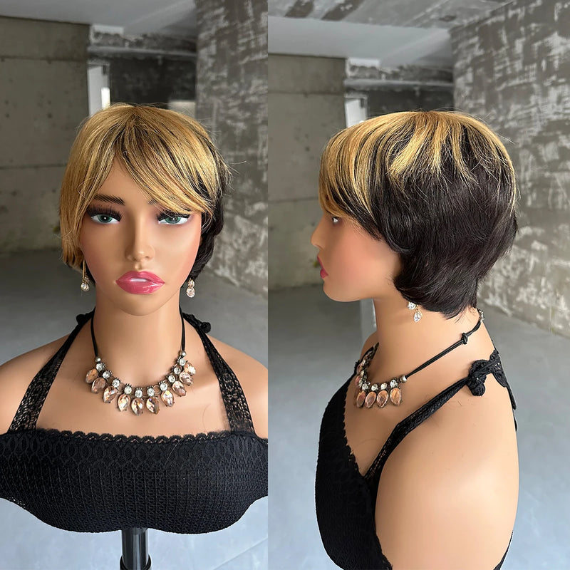 Straight Short Pixie Cut Wigs With Bangs For Women Ombre Brown Red Brazilian Human Hair Wigs Full Machine Made Wigs