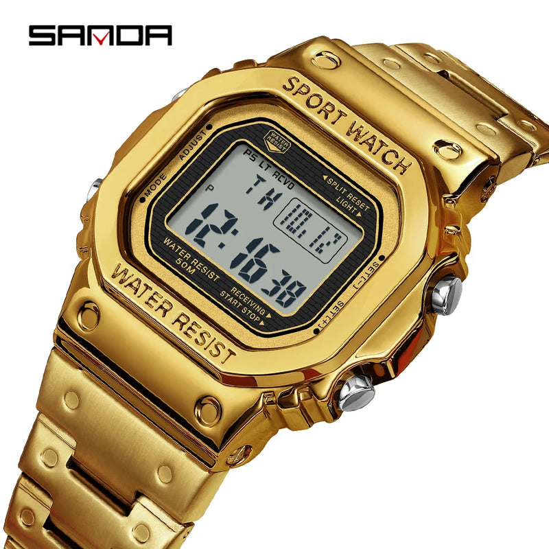 SANDA 2162 Men's Electronic Watch Square Waterproof Multi Functional Wrist Watch Square Fashion Night Light Steel Digit Watches