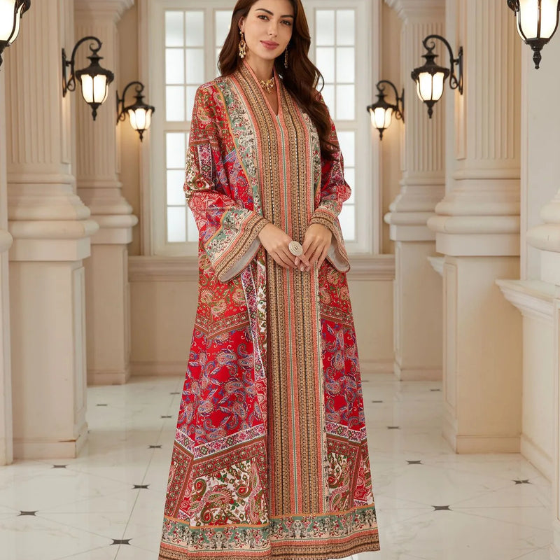 Eid Ramadan Abaya Women Paisley Print Rhinestone Kaftan | SAMAG