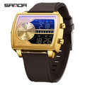 Sanda Men's Watch Fashionable Multifunctional Luminous Waterproof，Three Time Zones, Alarm Clock, Dual Display Electronic Watch
