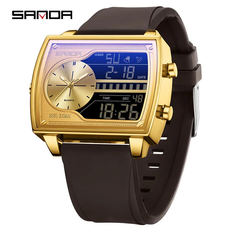 Sanda Men's Watch Fashionable Multifunctional Luminous Waterproof，Three Time Zones, Alarm Clock, Dual Display Electronic Watch